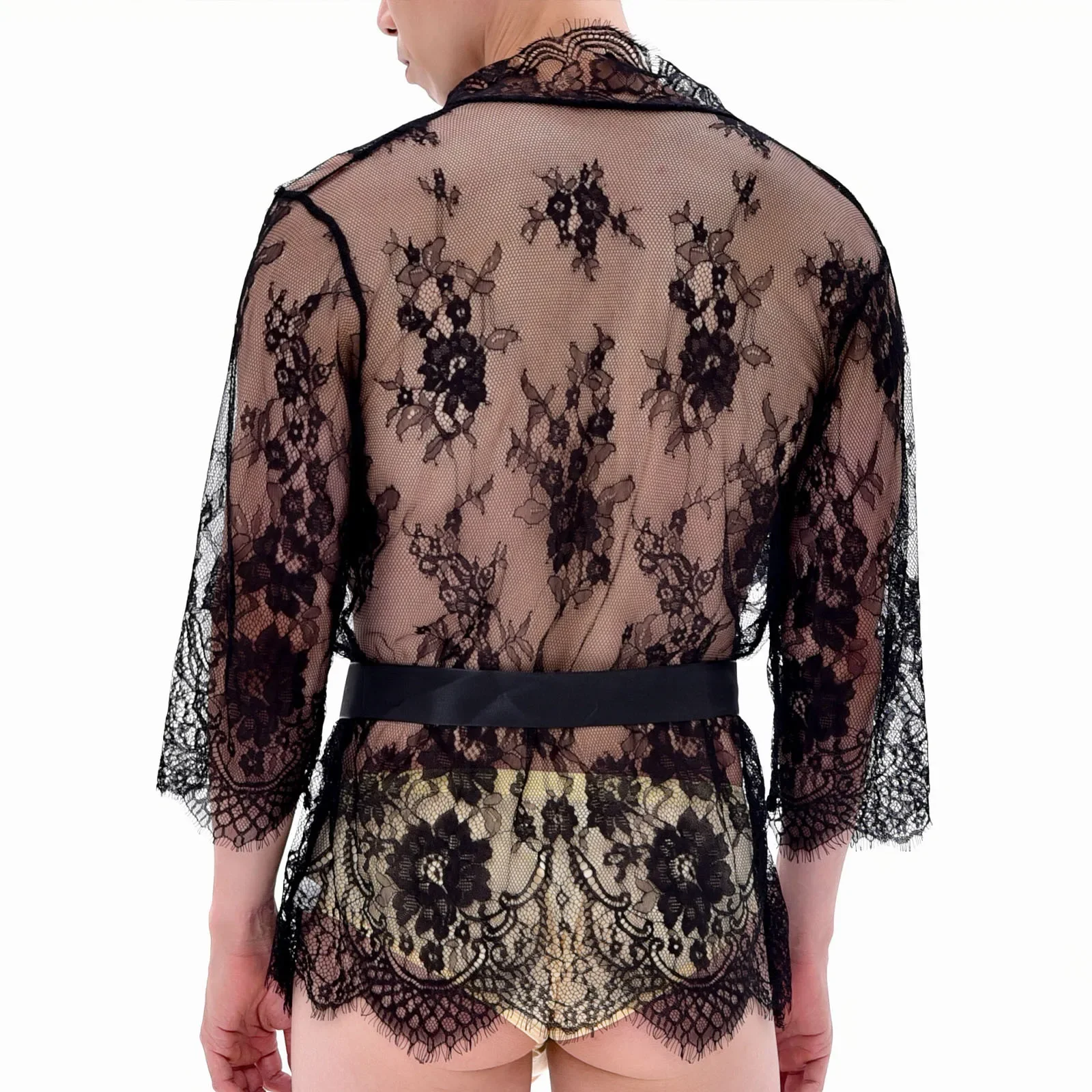 Men\'s Sexy Nightdresses Lace Sheer Pajamas V-Neck Tulle Cardigan Erotic Lingerie Robe for Men Women Erotic Nightwear Nightgown