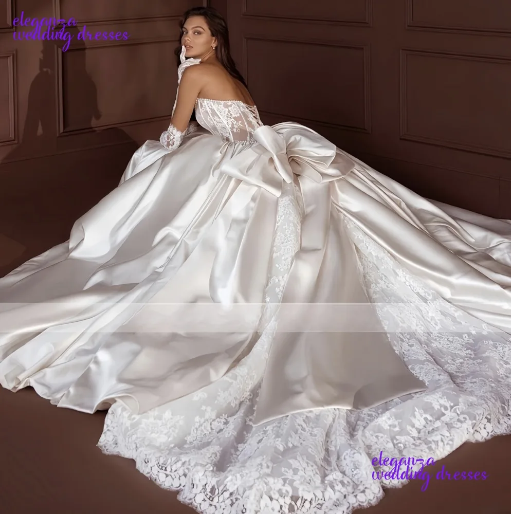 تخصيص رائع بدون حمالات الكرة ثوب الساتان فستان الزفاف خمر لؤلؤ سباركلي الديكور الدانتيل المرأة زي العرائس مع القوس 2025