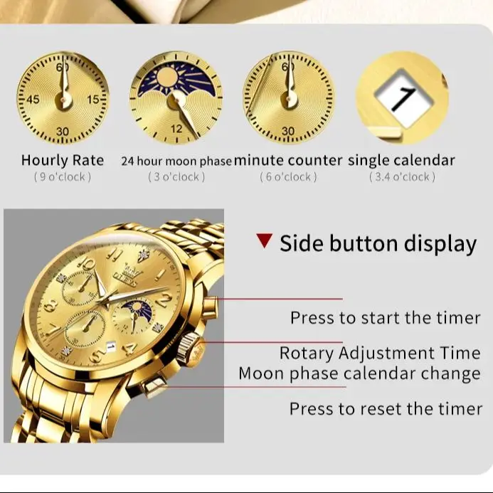 OLEVS 3628 Orologio da uomo con fasi lunari Orologio al quarzo di marca di lusso Orologio sportivo da uomo con cronografo digitale arabo moda classica