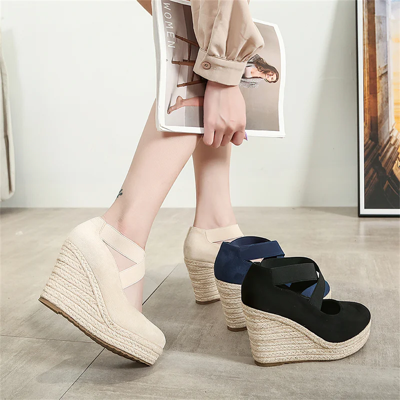 Jesień konopie buty rybackie kobiety okrągłe Toe gumką grube platformy damskie 10cm wysokie obcasy moda juta Wedge espadryle