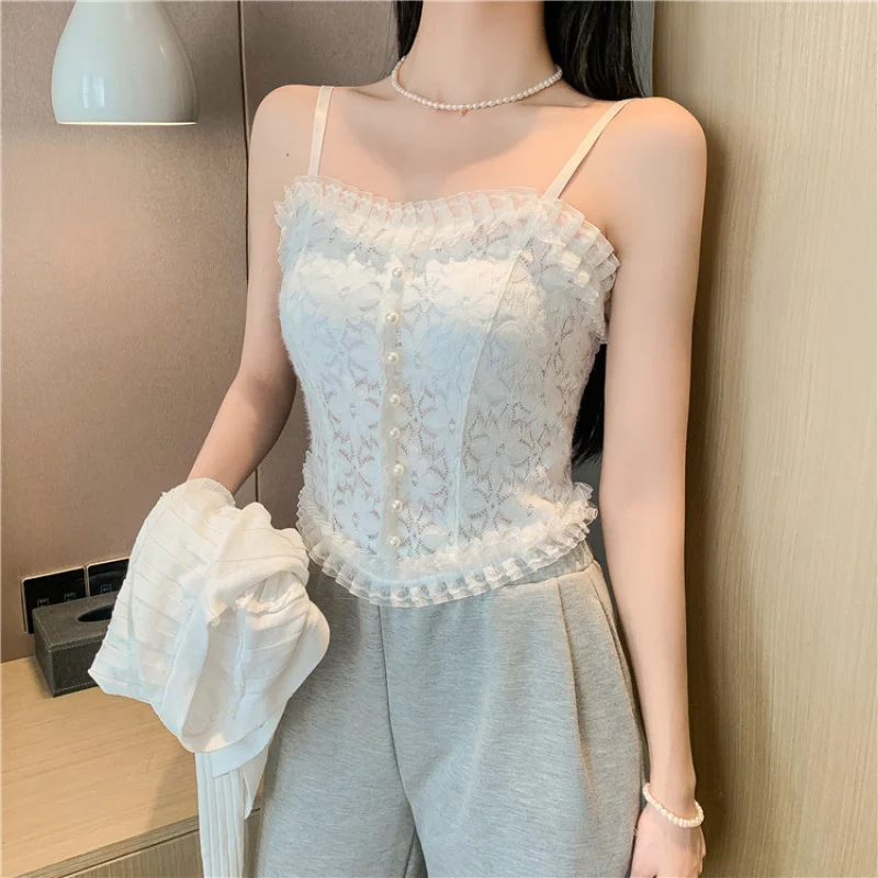 Underwear Lace Pattern Small Sling Vest with Chest Pad Beauty Back Inner Wear Pleated Pearl Sexy Outerwear Bottoming Tube Top To