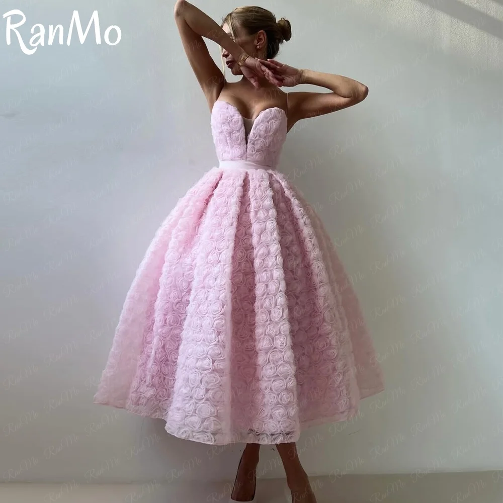

Ranmo Romantic Handmade Flowers Evening Dress Tea Length Pink Formal Party Gowns Sexy Spaghetti Straps Guest Dresses Customized
