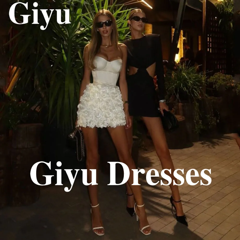 Giyu Sexy Mini Satin Evening Dress Off Shoulder Handmade Flower Decoration European and American Women's Party Dress Customized