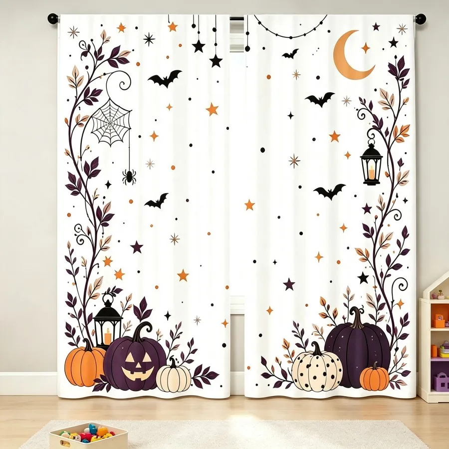 2PCS Digital Print Curtain, Halloween Pumpkins Bats Spider Web Moon Vines, Spooky Cute Style for Kids Bedroom Window Home Decor