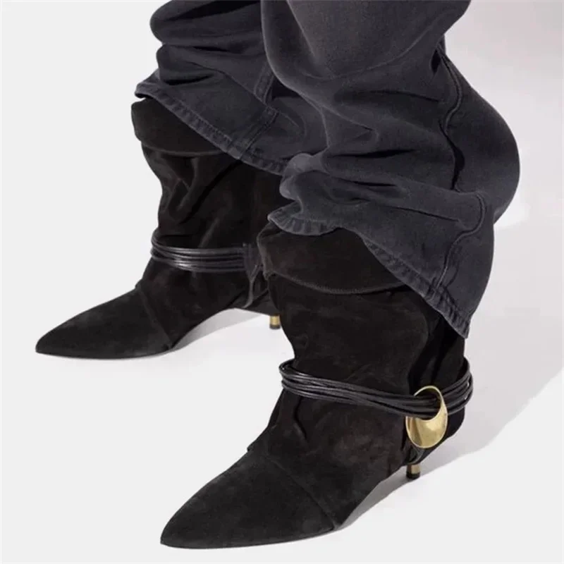 

Aneikeh Fashion Retro Autumn Winter Pointed Toe Women Ankle Boots Punk Metal Buckle Turned-over Edge Low Heels Party Dress Shoes