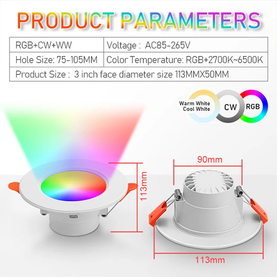 RGB LED Downlight 10W Ceiling Spotlight Lamp Tuya Bluetooth Smart Life APP Control Warm/Cold White Dimmable 220V For Kitchen