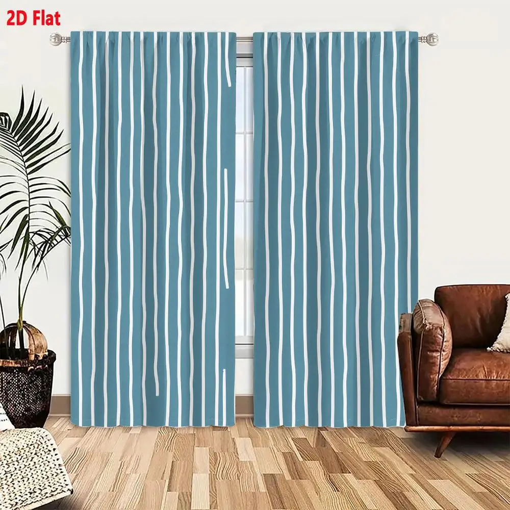 2Pcs Curtains 2D Flat Blue Background With Irregular White Wavy Lines Textured Organic Decorative Wallpaper-Like Pattern Window