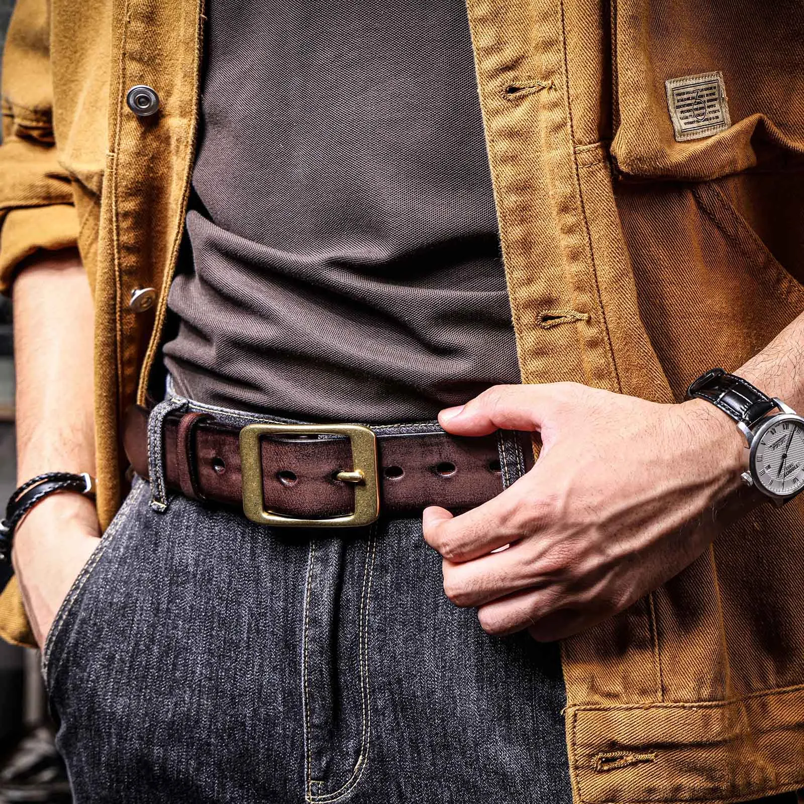 Vintage Echt leder Herren gürtel mit massiver Messings chnalle, hand gefertigte lässige Nadel schnalle verdicktes italienisches Rindsleder mit Geschenk box – Detail 4