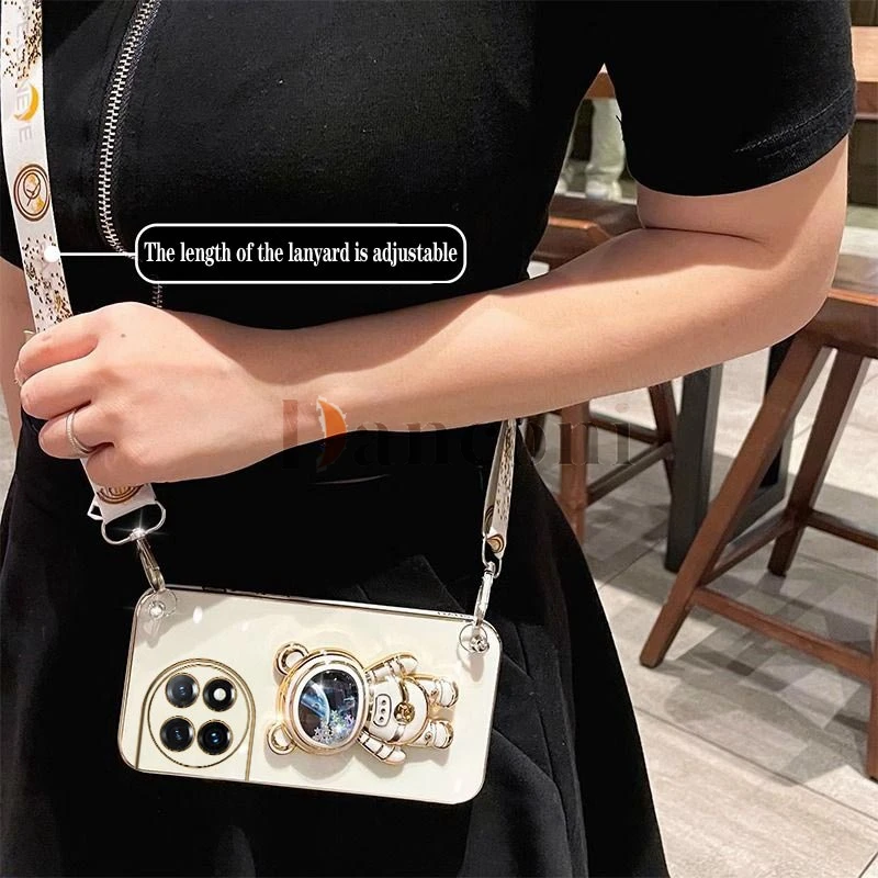Quicksand Astronaut Lanyard Plating Phone Holder Case For Oneplus 11 11R 9 9R 9RT 10R 10T 10 Pro 8T Cover