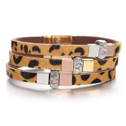 ALLYES Two Tone Square Inlaid Rhinestone Bracelet for Women Men Bohemian Multilayer Wrap Leopard Leather Bracelets Charm Jewelry