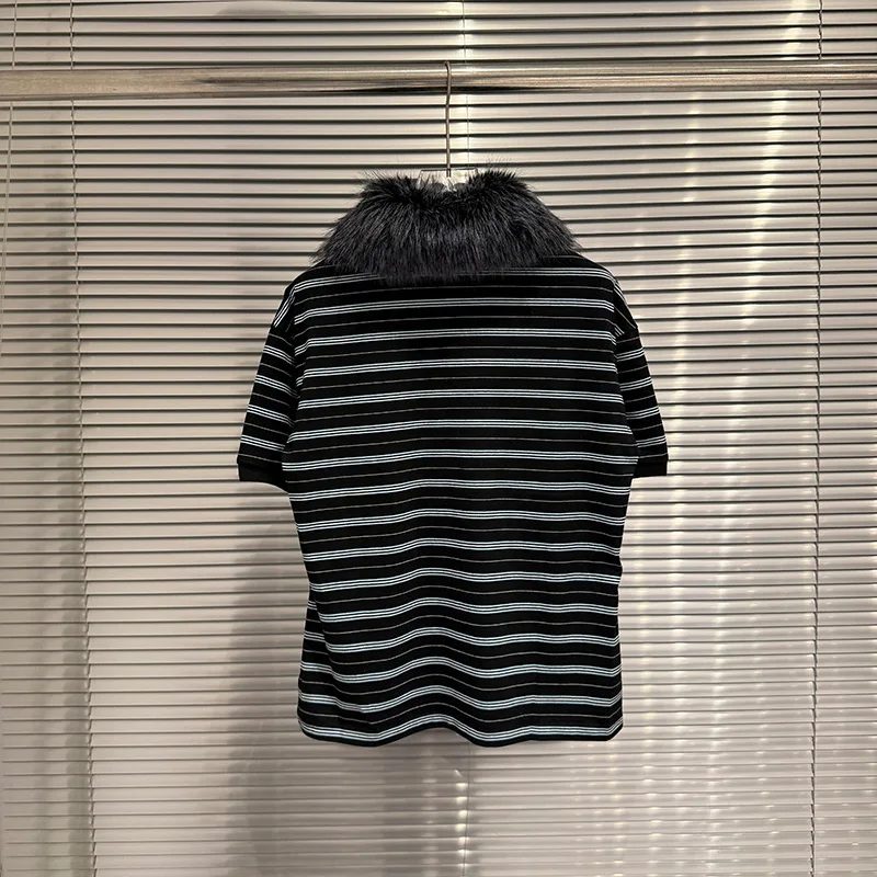 Hip Hop Removable Fur-Lined Striped Polo Short Sleeve T-Shirt Men Women Unisex Oversized Protocol index T Shirt Tee Tops