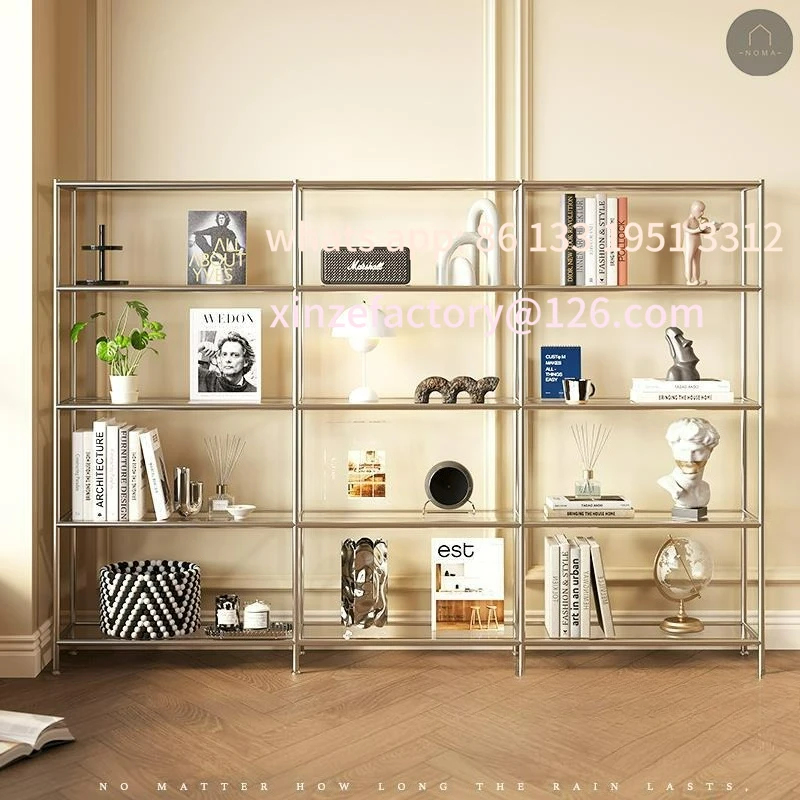 

Medieval stainless steel shelf storage rack light luxury bookshelf multi-layer wall floor-to-ceiling glass shoe bag display cabi