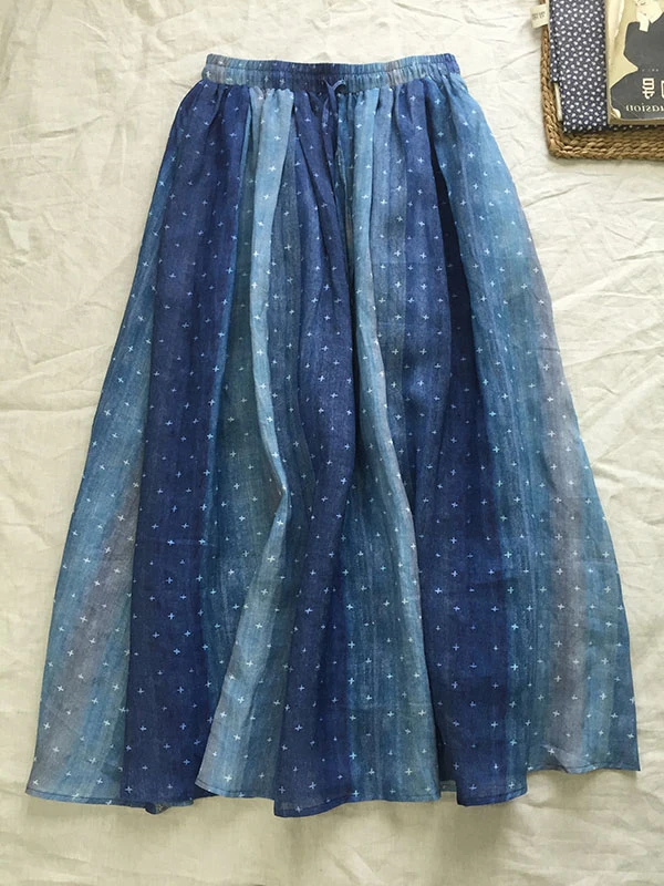 

Spring Summer New adient Print Lightweight Double Layer A-Line Skirt Women's Artistic Long f Body Skirt Girl's Faion