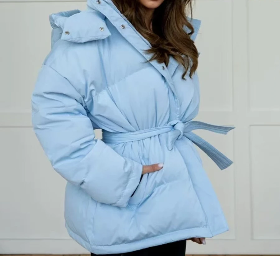 2025 Hooded Cotton Jacket Thickened Autumn/Winter Fashion Jacket Women's Solid Color Belt Warm Coat