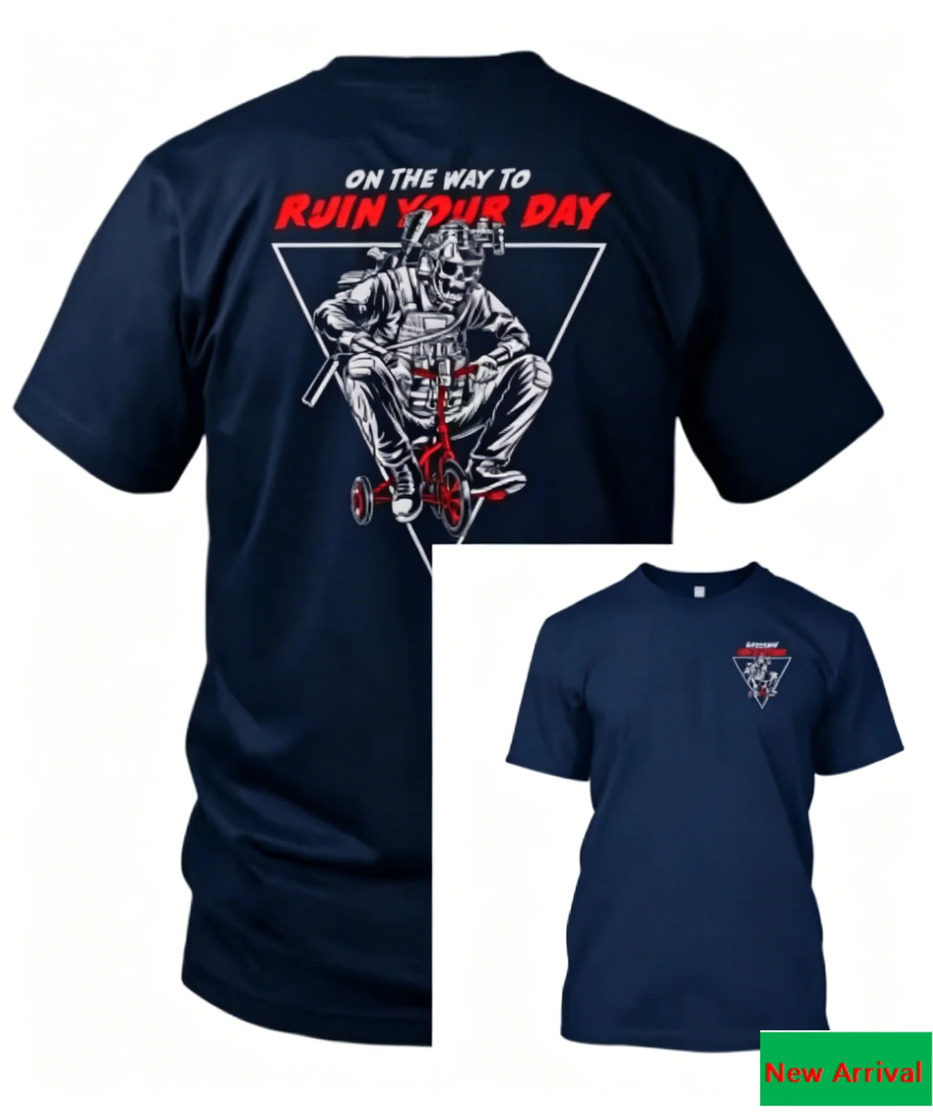 On The Way To Ruin Your Day Skeleton Tricycle Art with Front Triangle Logo Print T Shirt, Retro Humorous Military Tactical