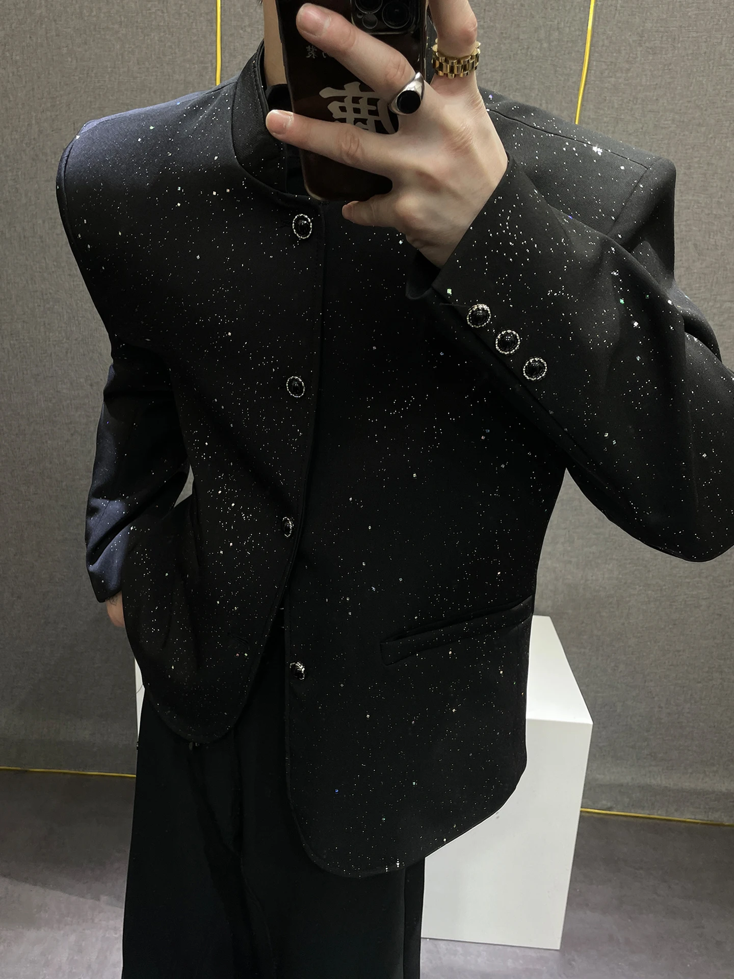 Black Sequin Men's Suit Jacket New Chinese Style Stand Collar Shoulder Pad Casual Western Clothes Fashion Urban Youth Autumn