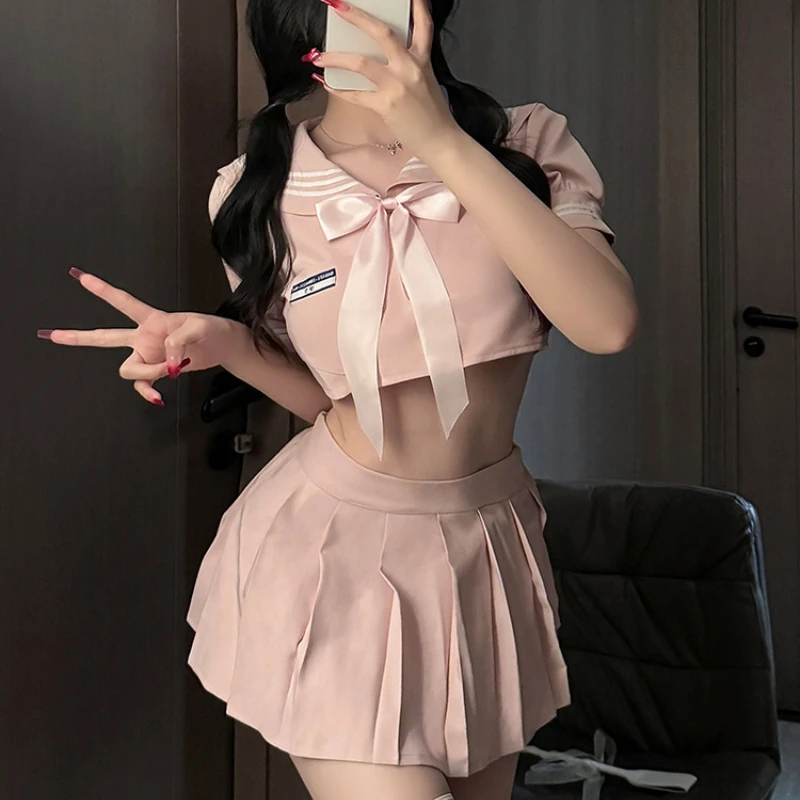 Cute Bow Top Short Pleated Skirt Student Outfit Roleplay Sexy Passionate Seductive Sailor Cosplay Schoolgirl Uniform Temptation