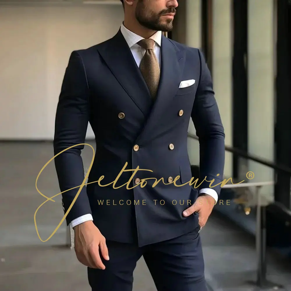 

Navy Blue Suits For Men 2 Pcs Double Breasted Peaked Lapel Formal Slim Fit Business Wedding Groom Tuxeods Casual Mens Suits Wear