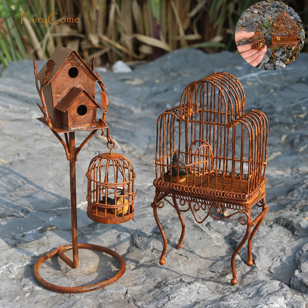 Fairy Garden Miniature Birdcage Birdhouse Metal Rusty Mini Standing Hanging Bird Cage Bird Figurine Craft Decoration Accessories