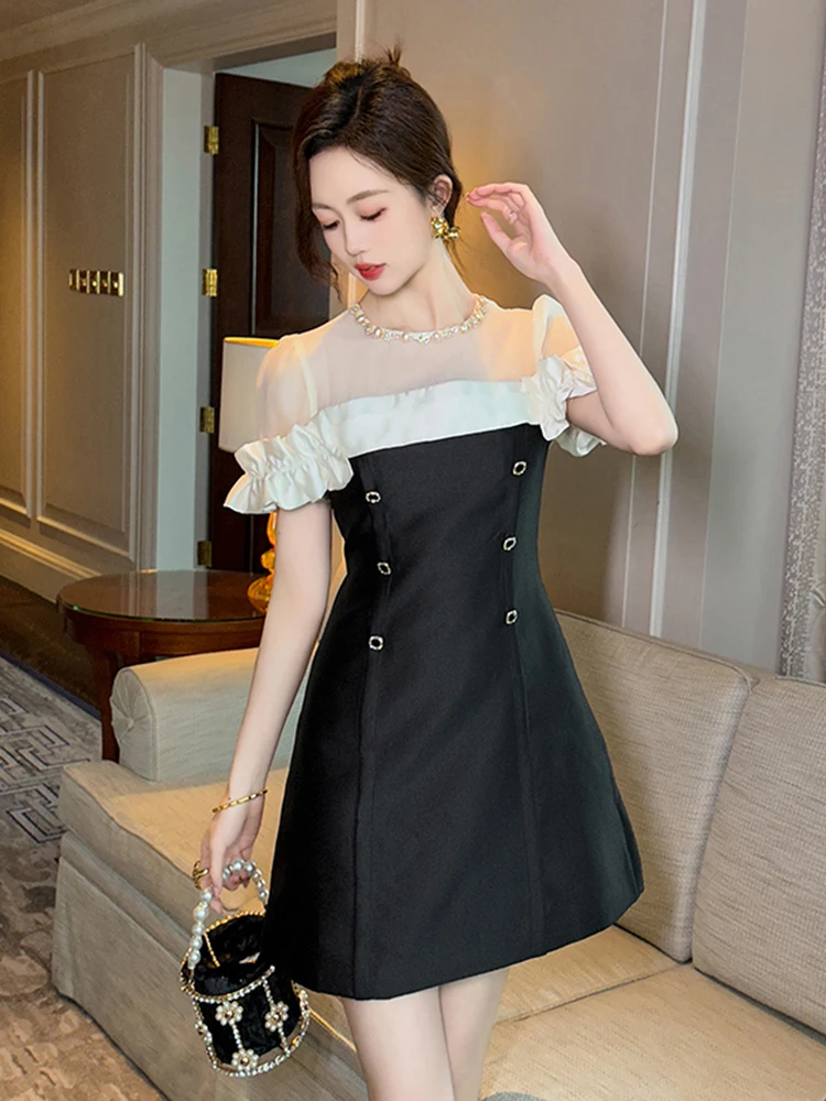 Summer Fashion Elegant Formal Occasion Evening Dress Women Clothes Retro Sheer Sexy O-Neck Puff Sleeve Slim Short A-Line Vestido