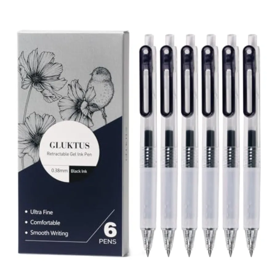 

Black Gel Pens 6 Pack, Ultra Fine Point 0.38mm, No Bleed Pens for Journaling Note Taking