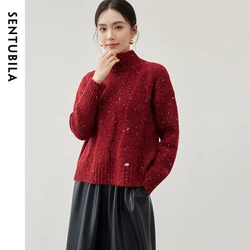 SENTUBILA Loose Fit Red Knitted Pullovers for Women Winter 2024 Wool Crew Collar Long Sleeve Short Women Sweater W44E5688