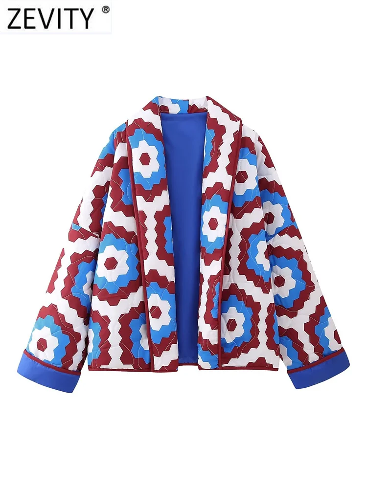 Zevity Women Vintage Color Matching Geometric Print Kimono Cotton Jacket Coat Femme Long Sleeve Casual Cardigan Chic Tops CT5540