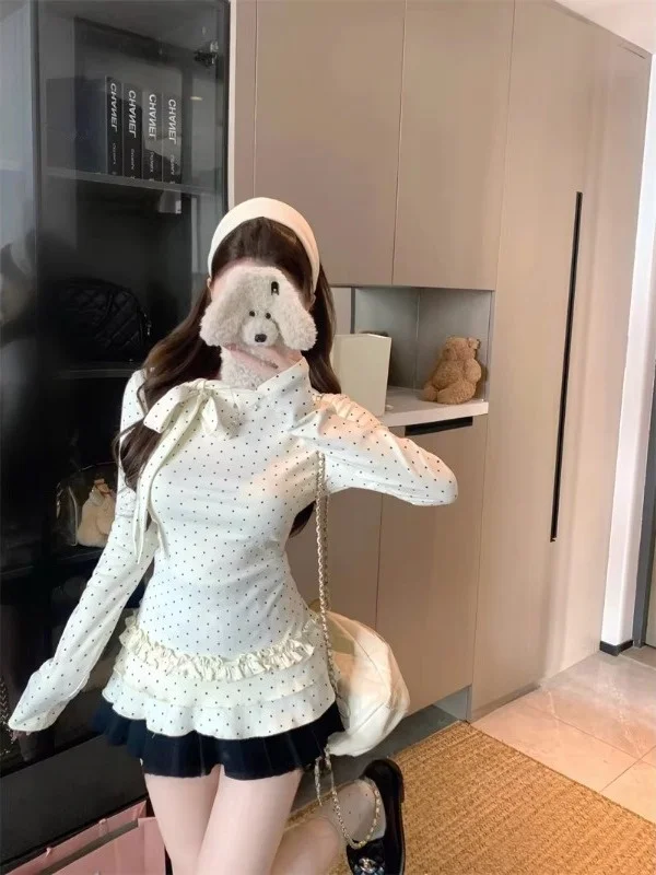 

Женская осенне-зимняя универсальная футболка Sweet Sle большого размера с бантом и узором в горошек, приталенная, для коррекции фигуры