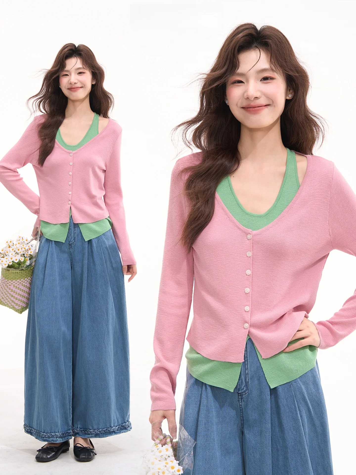 

Свитер женский в корейском стиле с цветовыми блоками, имитация двухслойности, весенняя мода, с длинным рукавом, стандартной длины, кардиган.