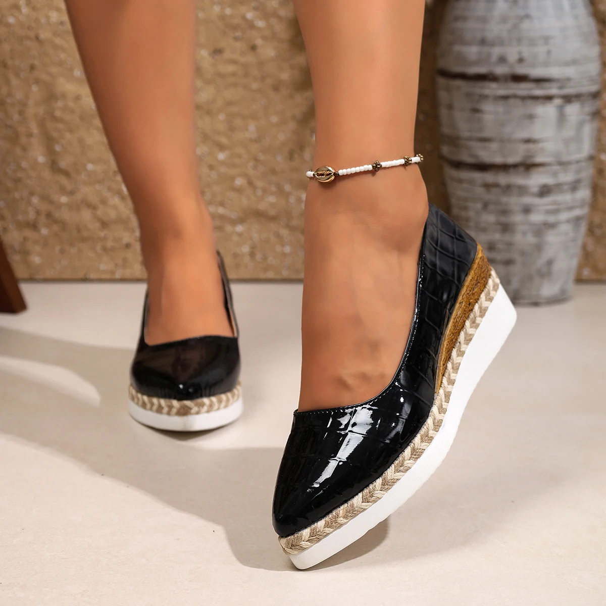 Women's Dark Brown Glossy Slip-on Wedge Shoes, Grid Pattern Low-Cut Flats with Braided Trim