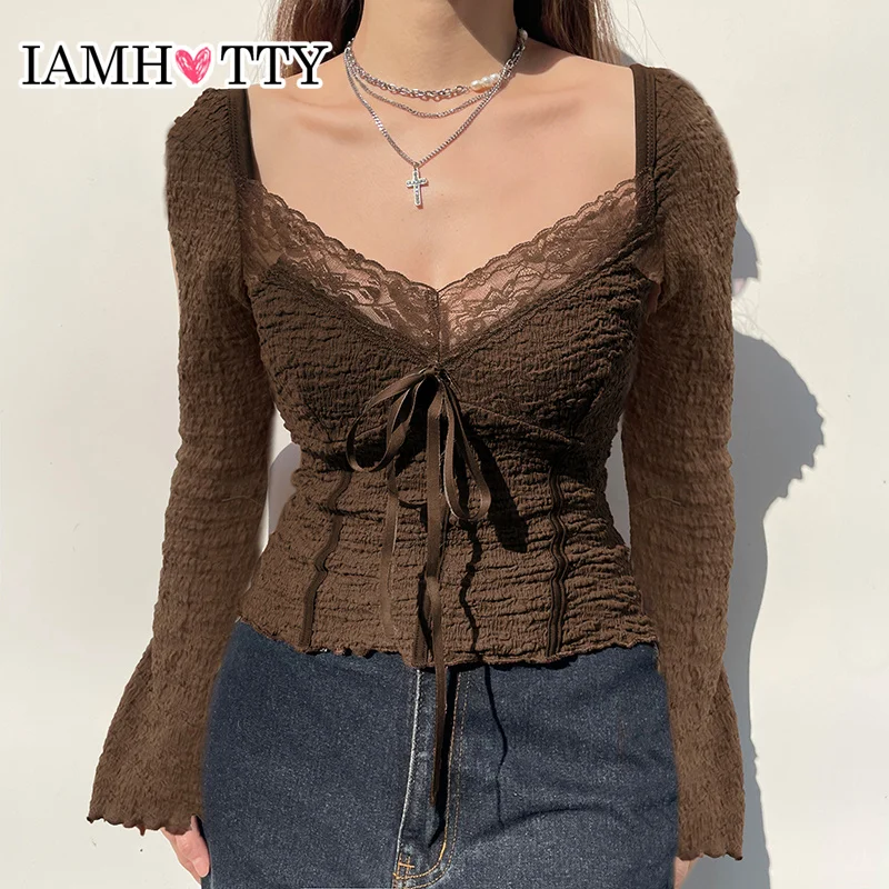 IAMHOTTY Vintage Lace Patchwork Top Fairycore Lace-up Bow T-shirts Textured Fabric Long Sleeve Tops Streetwear Chic Elegant Tees