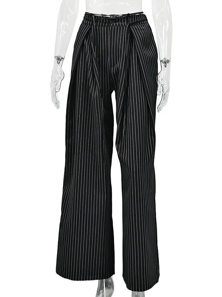 Street Striped Trousers Loose Drapey Spring Casual Pocket Suit Pants Lace-up High-waisted Trousers For Women Pantalones De Mujer