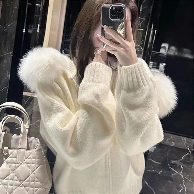 

Atmosphere Lazy Style Big Fur Collar Hooded Exterior Sweater Jacket Women's Autumn and Winter New Zipper Knit Sweater Top