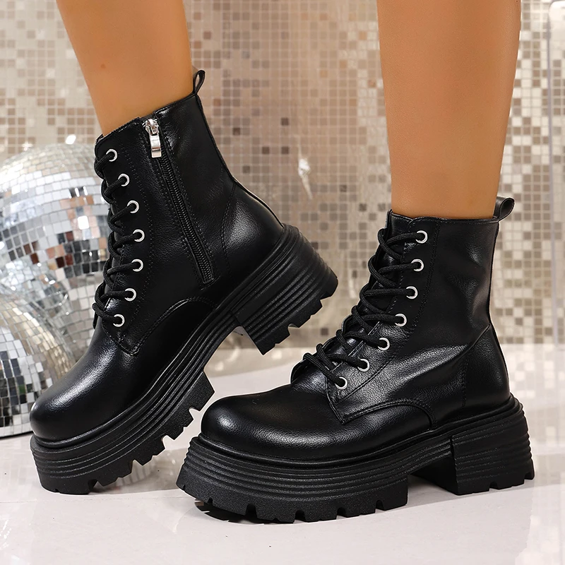 

Женские ботильоны на массивной платформе, нескользящие черные армейские ботильоны на толстой подошве, женские осенние модные ботинки из искусственной кожи Botas Mujer 2025