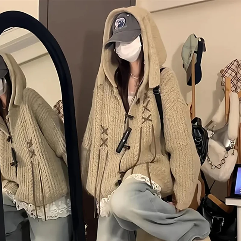 

American Toggle Button Cardigan Sweater Women Cable Loose Casual Lazy Hooded Sweatshirt Harajuku Y2K Street Knit Hiphop Coat