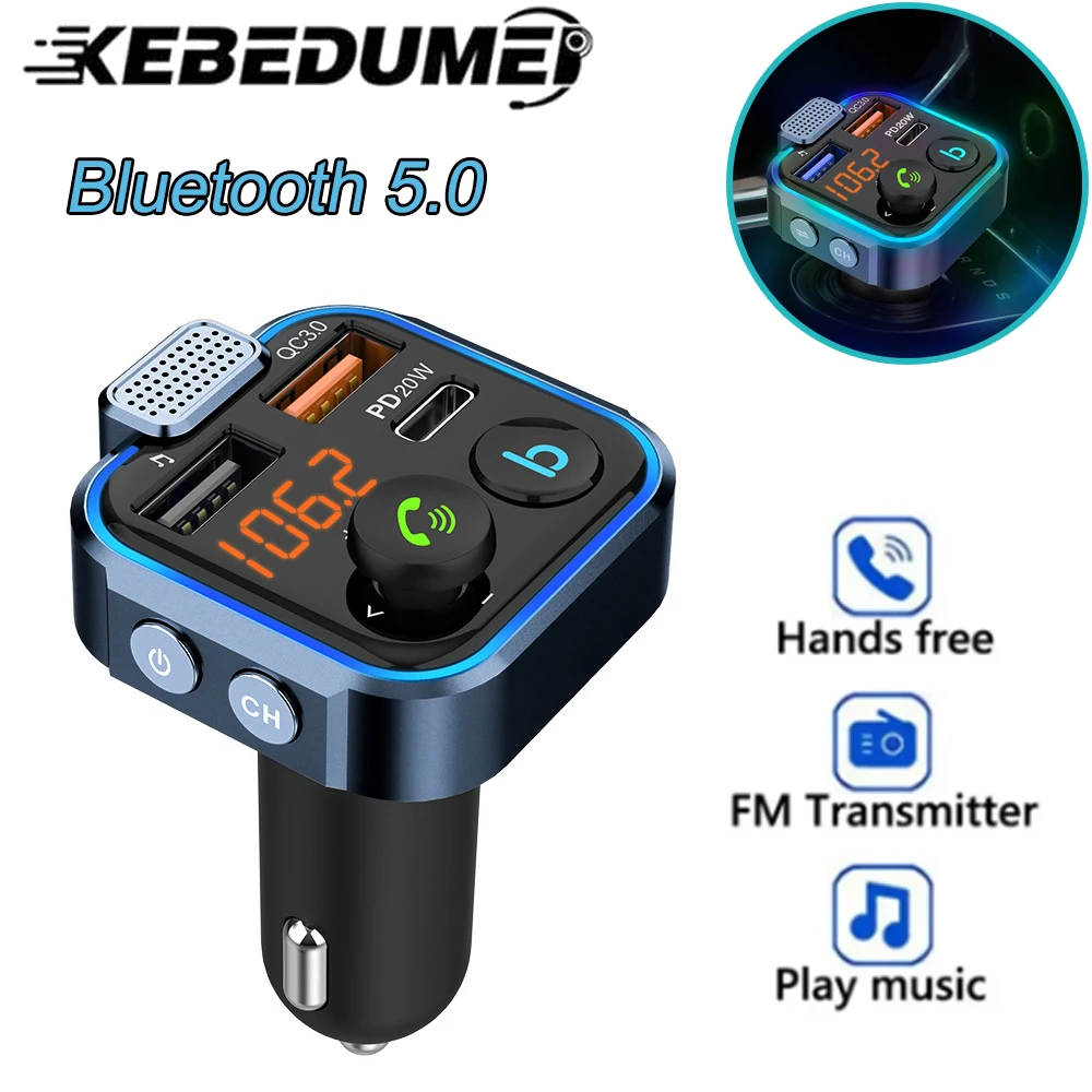 Wireless Hands-Free Car Kit Bluetooth-Compatible 5.0 PD 20W QC3.0 USB Car Fast Charger Car Quick Charger Auto Radio FM Modulator