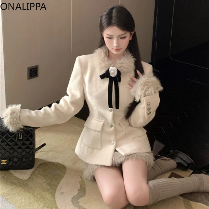 Onalippa Furry Patchwork Wool Coat Women Contrast Bow Chic Buttons Blazer Korean Small Fragrance Solid Single Breasted Jackets