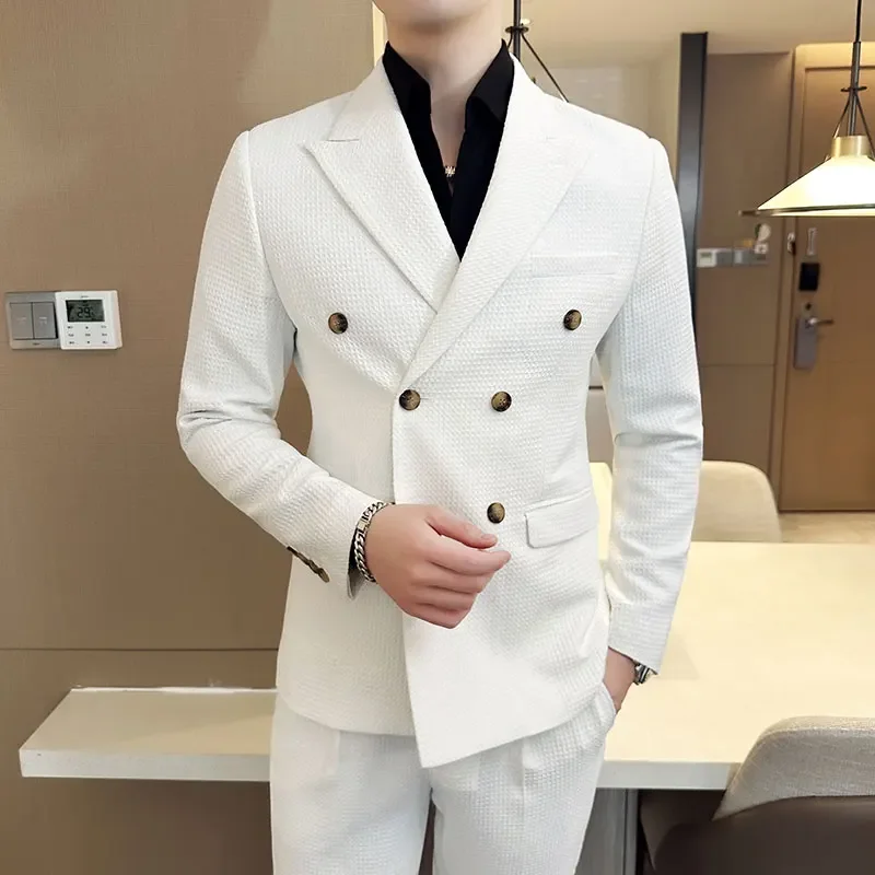 

2023High-end Waffle Double-breasted Suit (suit + Trousers) Fashion and Handsome Trend Wedding Dress Two-piece Suit Smart Casual