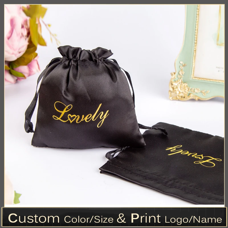 Luxury Jewelry Satin Drawstring Storage Bags Packaging Hair Wigs Makeup Bag Wedding Party Gift Pouches Custom Print Logo 50pcs