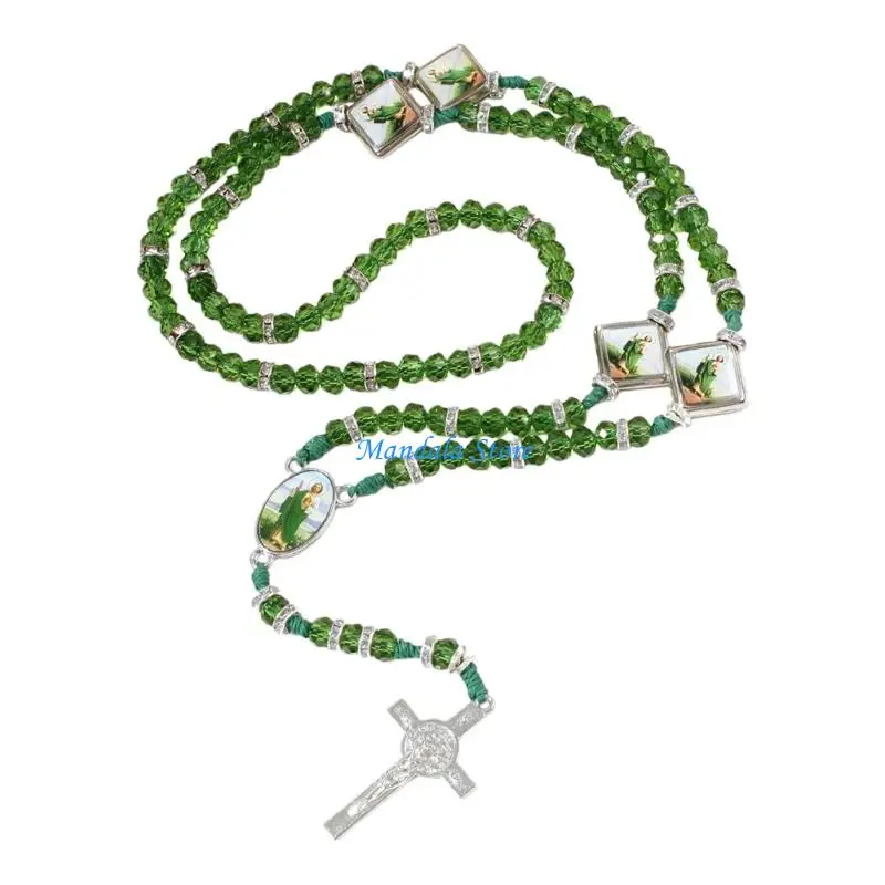 U2JC Beads Catholic Rosary Necklace Wooden Bead Rosary with Miracles Medals Crucifix Crosses Gift