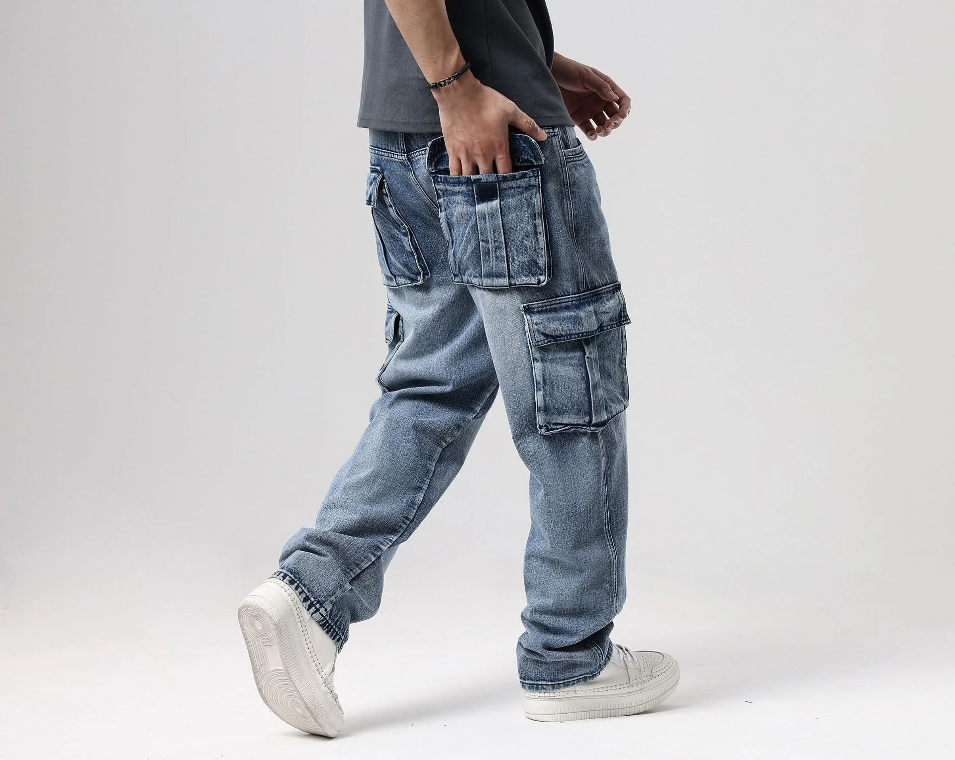 

Plus Size Loose Baggy Jeans Mens Hip Hop Oversize Skateboarding Denim Pants Big Pockets Cargo Cowboy Trouses Male