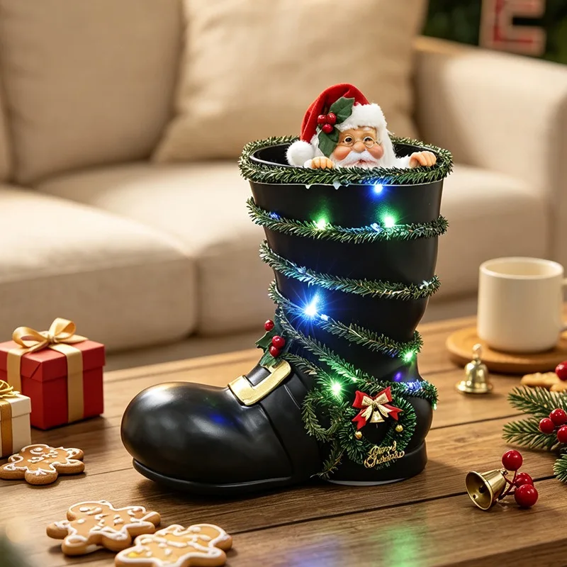 Christmas Decoration Creative Lighted Black Christmas Boots Electric Santa Claus Figurine Xmas Window Display Ornament