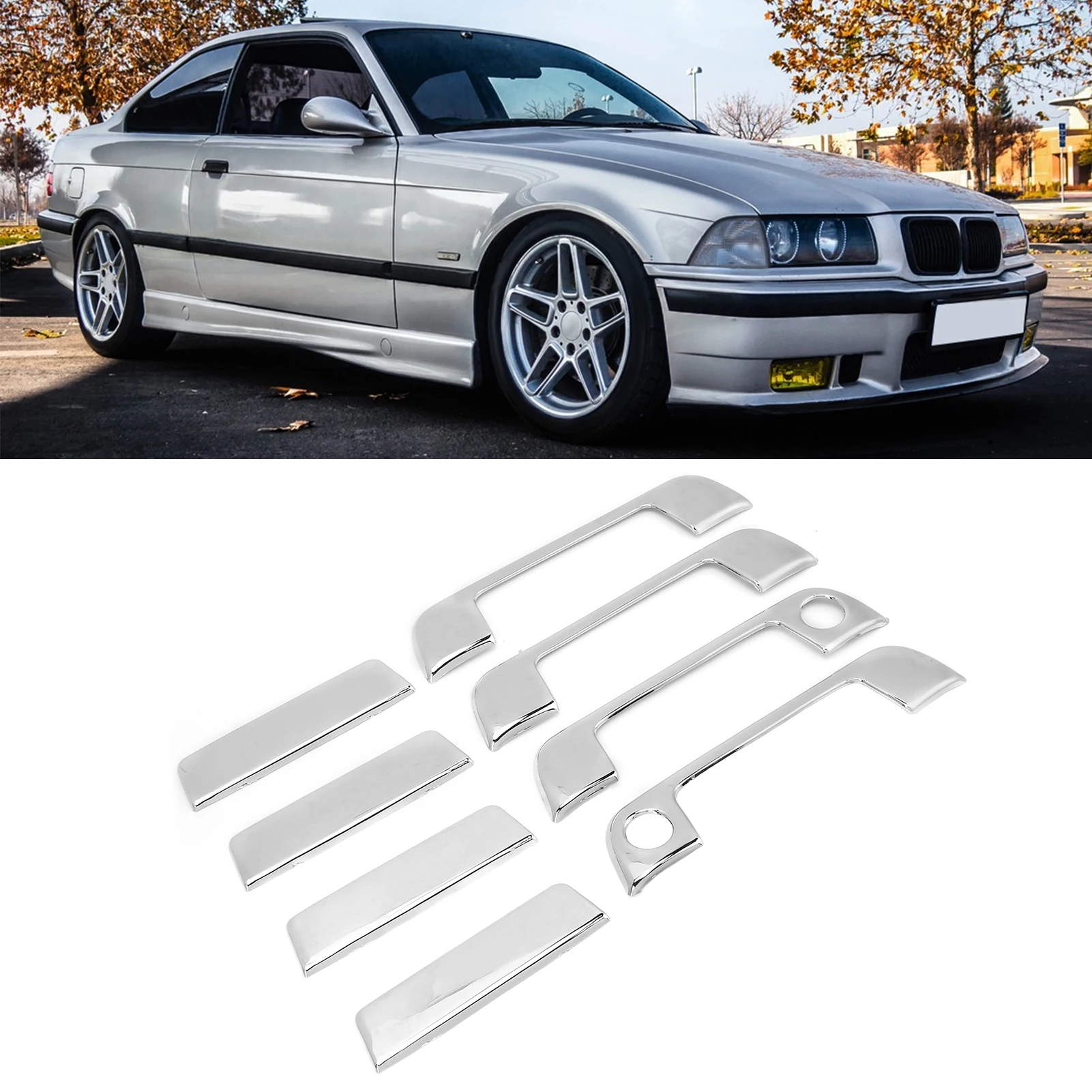 8PCS Car Accessory Door Handle Frame Strip Cover Automobile Outer for BMW E34 E36 1995‑1999 Puller Trim Replacement Chrome view 3