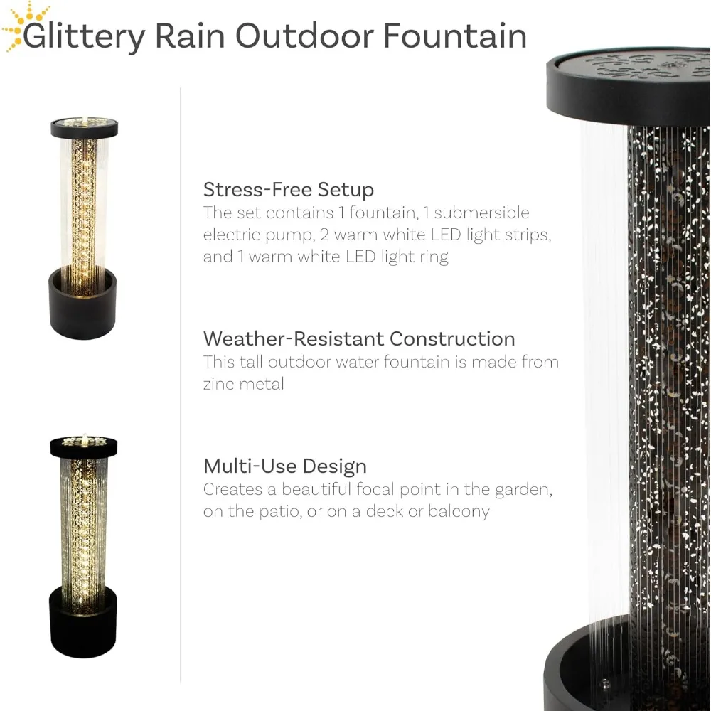 Glittering Rain Outdoor Water Fountain with Lights - Zinc - 41.25-Inch - Includes Warm White LED Lights