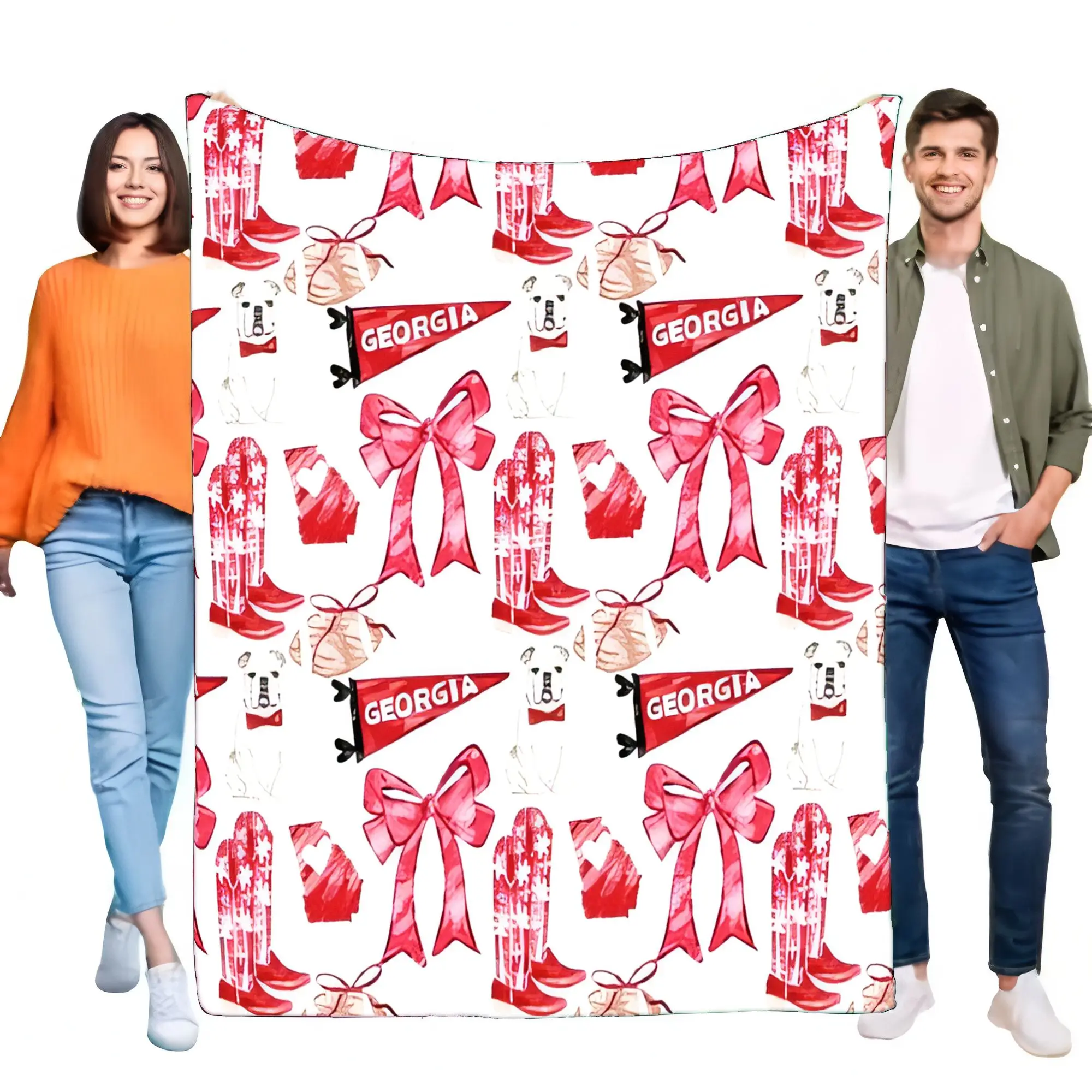 Georgia Bulldogs Cowboy Boots Red Bows State Map Warm Plush Microfiber Throw Blanket for Bed Sofa Dorm Room Lightweight Fan Gift