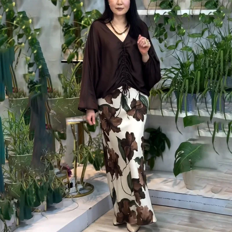 2025 Spring Autumn New Elegant Commuter Women's Skirt Set Casual Solid Color Shirring Loose Top+Fashion Printed Half Skirt Set