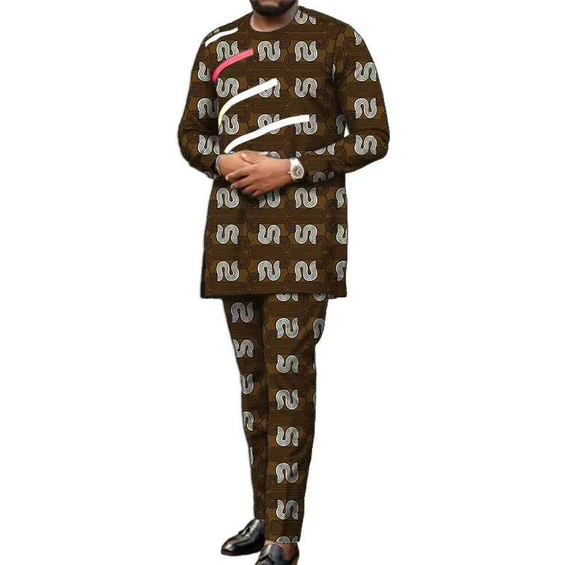 Long Sleeves African Clothes Men Set Nigerian Style Colorful Stripe Patchwork Tops With Pant Groom Suit Male Traditional Outfit
