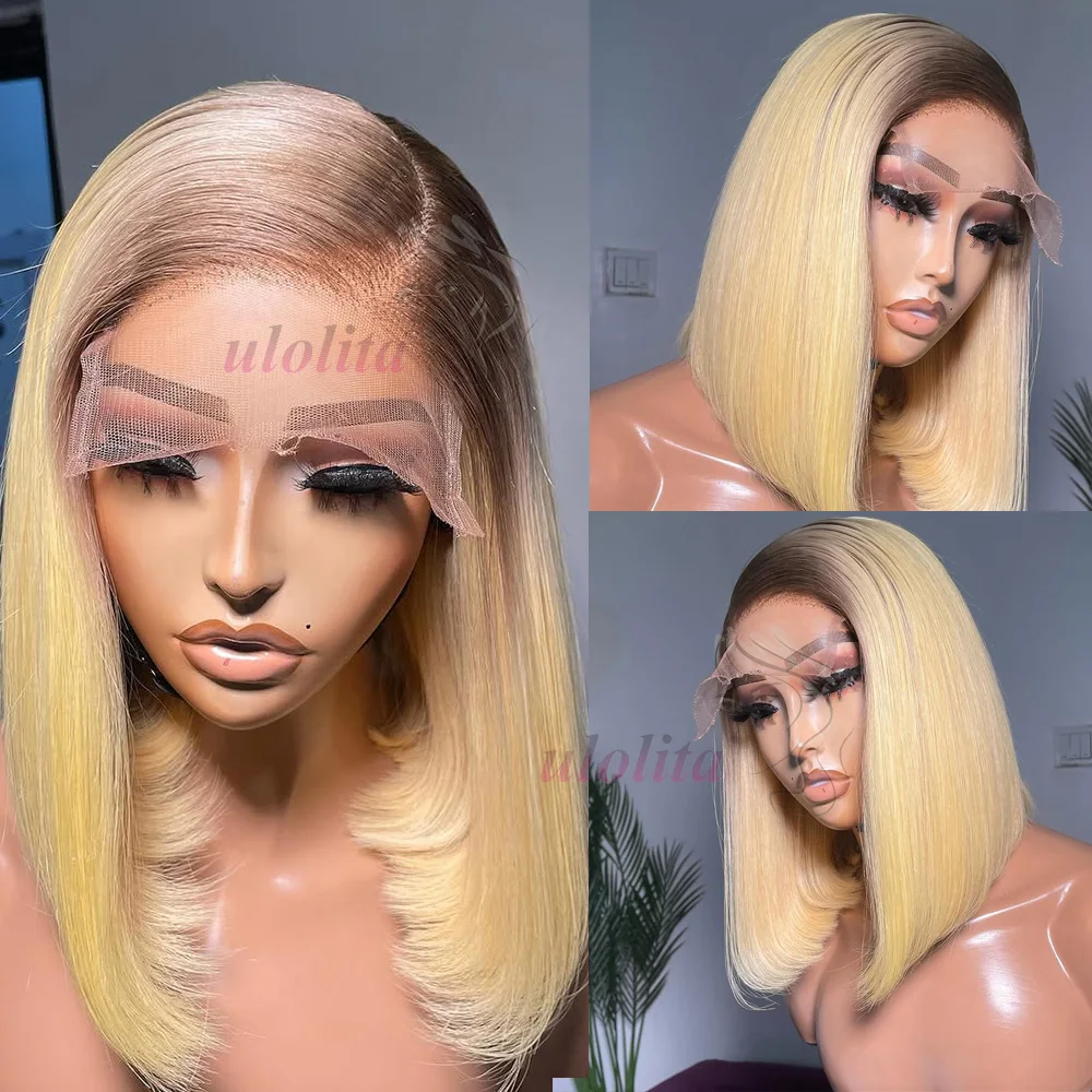 

Two Tone Ombre 613 Honey Blonde Colored Straight Short Bob Human Hair Wigs Raw Indian Unprocessed Virgin 13x4 Lace Frontal Wig