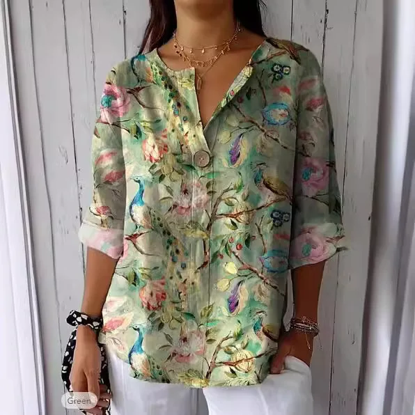 2024 Vintage Floral Printed Blouses Women Autumn Casual 3/4 Sleeve V Neck Bohemian Button Up Shirt Holiday Party Tops Blusas