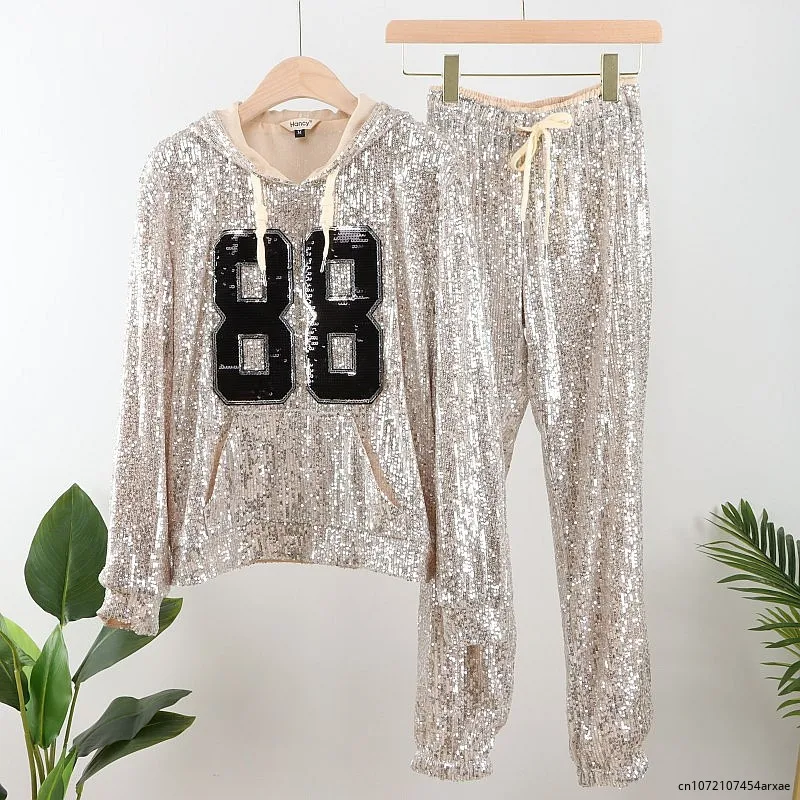 

Spring Autumn Woman 2 Piece Sets Fashion Sequined Sweatsuit Female Tracksuit Female Bling Pant Sets